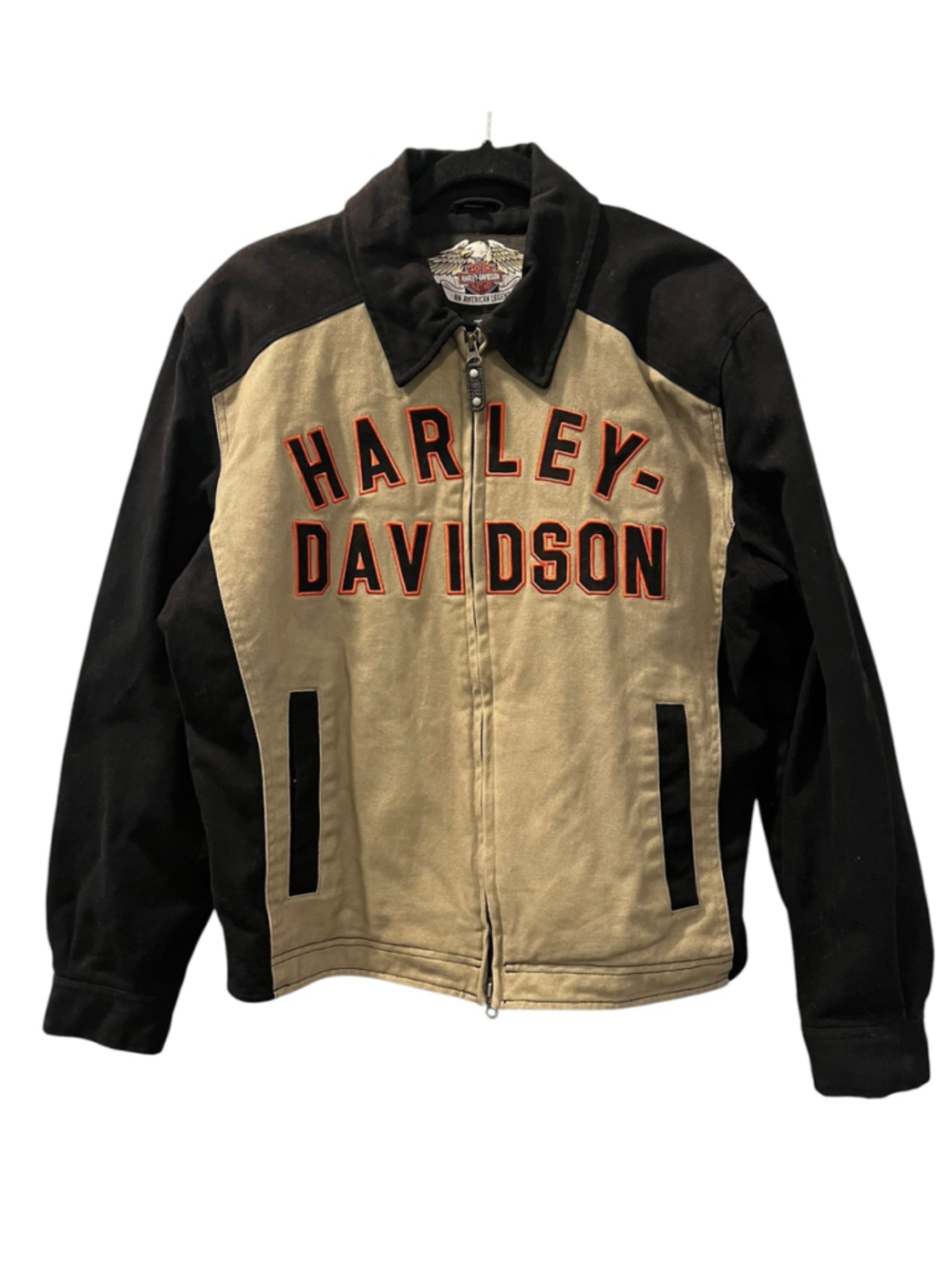 VTG Harley Davidson Two Tone Canvas Jacket Beige Black Block Font Spellout Med